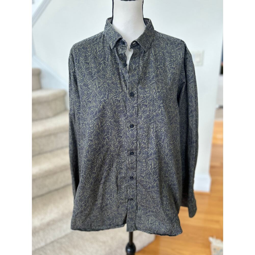 Johnston & Murphy Olive Green Paisley Leaf Print Long Sleeve Button Down Shirt